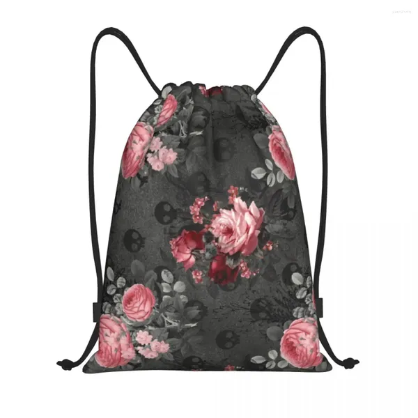 Einkaufstaschen, Gothic-Rucksack mit Rosen und Totenköpfen, Kordelzug, für Herren und Damen, leicht, Blumenmuster, für Fitnessstudio, Sport, Sack, Training