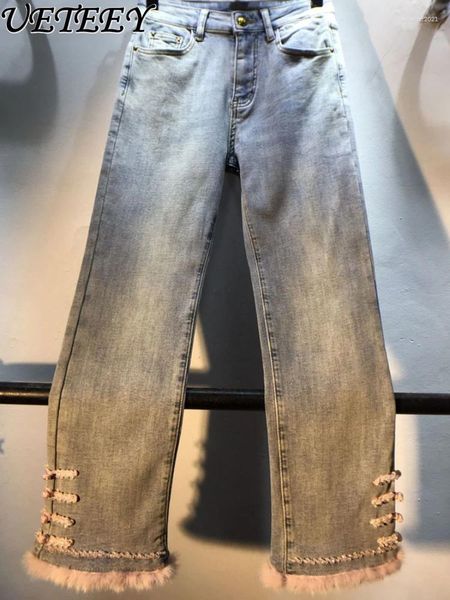 Jeans femininos estilo chinês nacional outono e calças de inverno costura frisada fivela estiramento cortado para mulheres