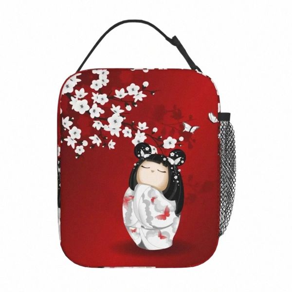 Kokeshi Doll Rosso Nero Bianco Cherry Blossoms Borsa termica per il pranzo Ragazza giapponese Art Food Box Cooler Lunch Box termico Scuola E3LE #