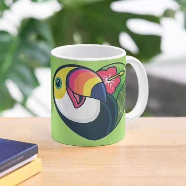 Canecas Tropical Exótico Tucano Desenhos Animados com Flor de Amor e Folha Verde Caneca de Café Engraçada Copos de Cerâmica de Cerveja