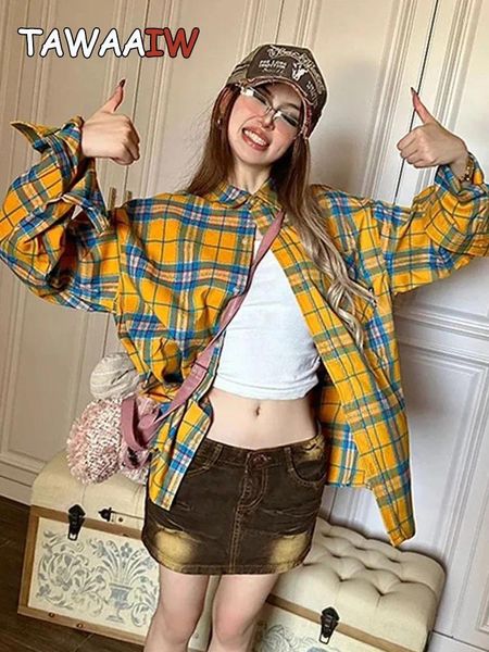 Blusas femininas tawaaiw amarelo turn-down colarinho camisa feminina topos manga longa solta moda coreana primavera streetwear camisas casuais y2k blusa