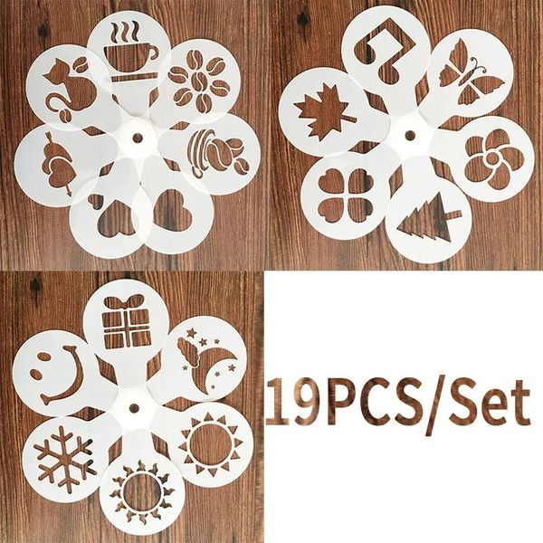 2024 Neue 19 -PCs/Set Fancy Coffee Printing Model Foam Spray Kuchen Schablonen Kaffeezeichnung Cappuccino Schimmelpulverpulver -Zucker -Sieb -Werkzeuge für