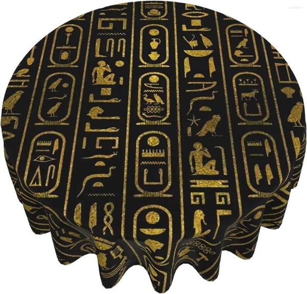 Tovaglia con geroglifici egiziani in oro antico su tovaglia rotonda nera, copertura a prova di versamento resistente all'acqua lavabile da 60 pollici