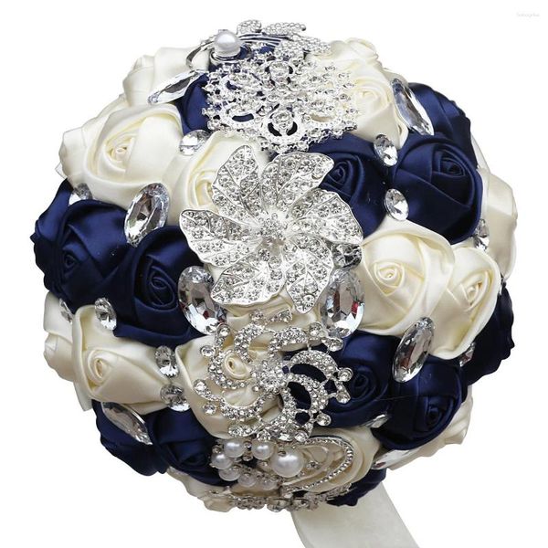 Flores decorativas azul marinho e marfim feito à mão seda nupcial segurando artificial com pérolas de strass 18cm buquês de casamento redondos de luxo