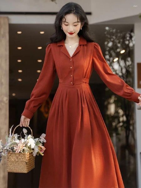 Abiti casual Abito vintage chic in stile francese OL Colletto a camicia con intaglio Premium Elagant Fairy Medieval Women Prom Party