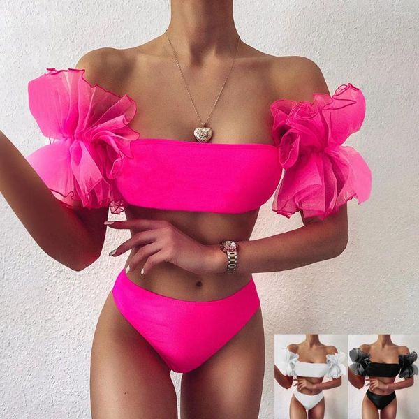 Mulheres Swimwear Mulheres Sexy Ruffles Malha Sólida Bikini Set Push-Up Pad Swimsuit Beachwear Board Shorts para nadar com bolsos