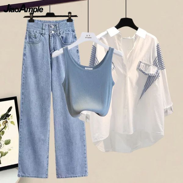 Primavera verão conjunto de correspondência feminino casual listra protetor solar camisa jeans três peças coreano elegante calças jeans 240329