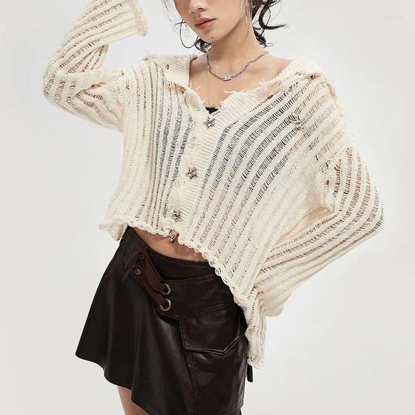 Malhas femininas deeptown vintage y2k cardigan branco colheita malha oco para fora camisola fina primavera moda coreana malhas streetwear gyaru