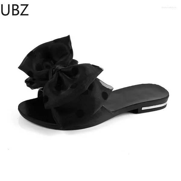Sapatos casuais ubz sandálias planas femininas senhora 2024 bowtie slides chinelo apartamentos sandália dedo do pé aberto sapato de verão feminino sexy praia calçados femininos