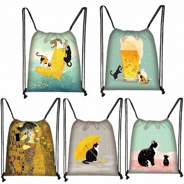 Cerveja gato cordão saco ginásio bolsa saco amarelo impressão 3d gato mochila feminina portátil loja fi saco de sapato escolar para menina d9oW #