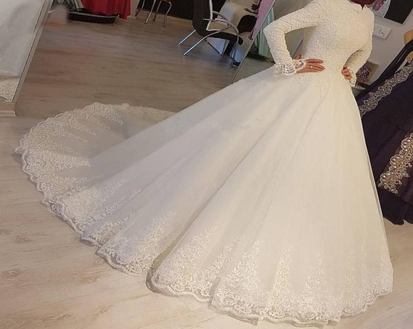 2022 modesto arabo musulmano avorio abito da sposa principessa collo alto manica lunga pizzo appliques abiti da sposa islamici Robe De Mariage7617708