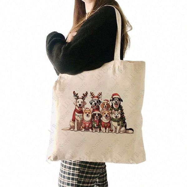 Borsa a tracolla modello cani di Natale Borsa a tracolla in tela Borse da negozio riutilizzabili da donna Miglior regalo per amante dei cani di Natale Regalo di Natale r8RF #