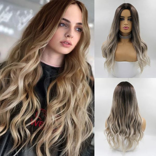 Perucas longas marrom loira ombre natural ondulado de boa qualidade perucas sintéticas para mulheres parte média cabelo resistente ao calor para festa diária