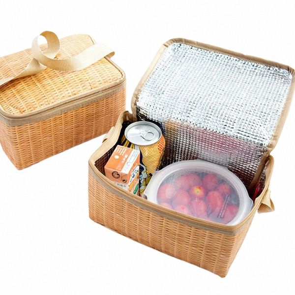 Saco de piquenique portátil de vime Rattan ao ar livre à prova d'água Tablee isolado térmico Cooler Food Ctainer Basket para Cam Picnic E8iX #