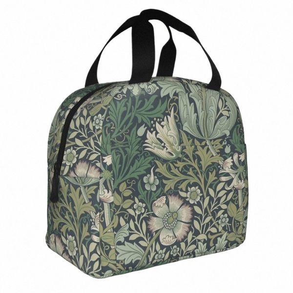 William Morris Vintage Floral Pattern Borsa termica per il pranzo Borsa termica Verde Pianta Bohemian Fr Lunch Box portatile Tote Travel 92tI #