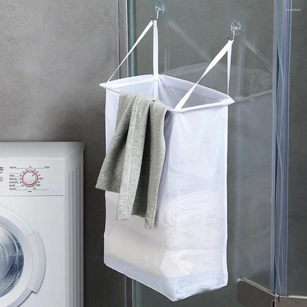 Sacos de lavanderia portátil parede pendurado cesta roupa interior meias barril balde saco de armazenamento de roupas organizador do banheiro com 2 ganchos