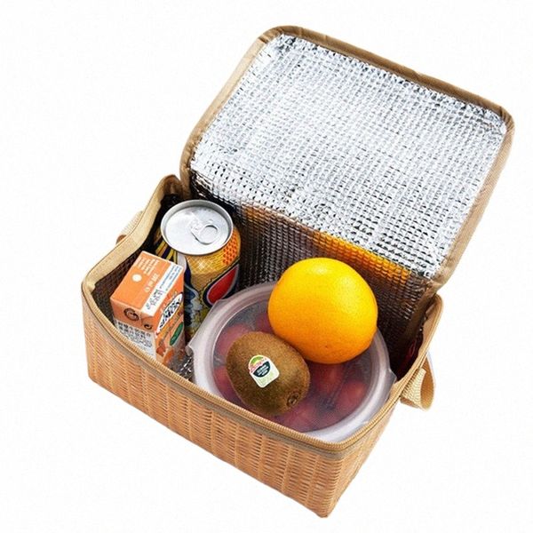 all'aperto portatile Cam borse da picnic Imitati Rattan borsa da picnic isolato dispositivo di raffreddamento termico cestino pranzo scatola di immagazzinaggio 22 * 14 * 12CM U9yV #