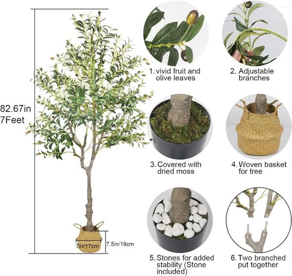 Dekorative Blumen, 2,1 m, künstlicher Olivenbaum (210 cm), hoch, künstliche Topfpflanzen, große Zweige und Früchte, Seidenbäume für den Innenbereich