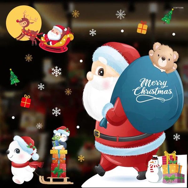 Наклейки на окна, праздничные украшения, наклейки, рождественские снежинки, Санта-Клаус, олень, цепляется за стекло
