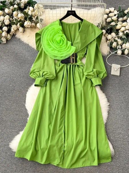 Casual Kleider 2024 Mode Entfernen Große Blume Hemd Kleid Für Frauen Sailor Kragen Langarm Elastische Taille PU Leder Gürtel robe Kleidung