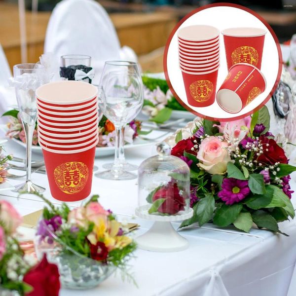 Copos descartáveis, canudos, 100 peças, copo de papel de vidro vermelho, estilo chinês, bebidas, festival, banquete de casamento