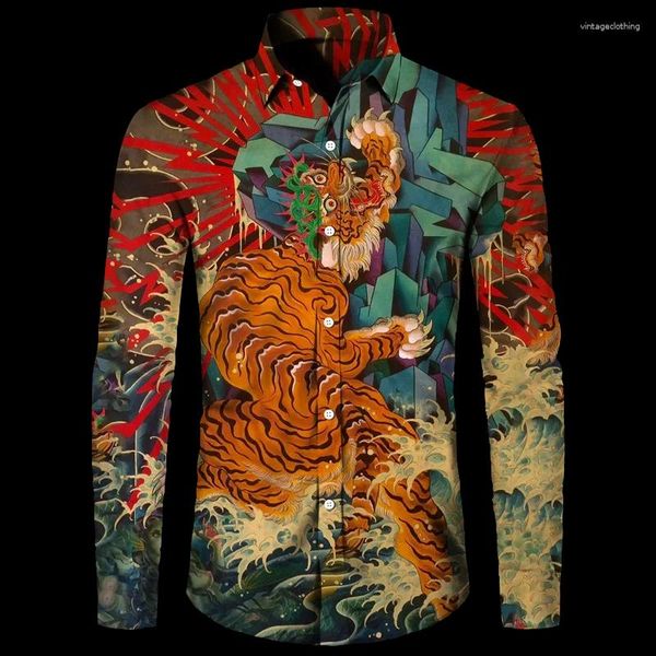 Camisas casuais masculinas 3D Impresso Tigre Turn-down Collar Botão Camisa Estilo Chinês Vintage Manga Longa Tops Hawaii Party Streetwear Tees