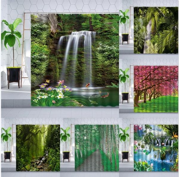 Cortinas de chuveiro primavera cenário natural cortina cachoeira planta verde folhas flor cerejeira selva floresta banheiro conjunto poliéster