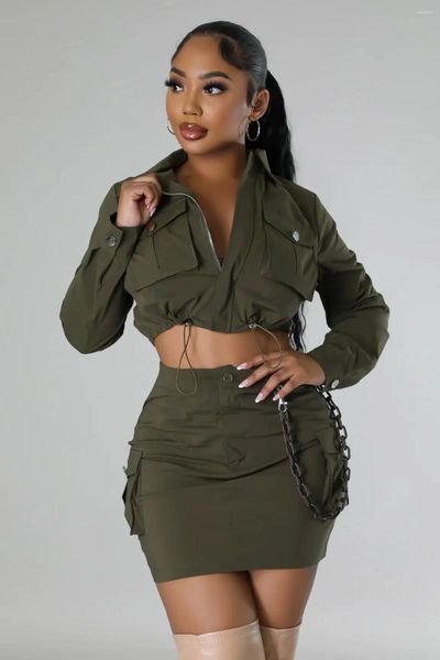 Abiti da lavoro Echoine Minigonna verde militare Set Due pezzi Cargo Manica lunga Colletto rovesciato Tasca con cerniera Crop Top Giacca corta Autunno