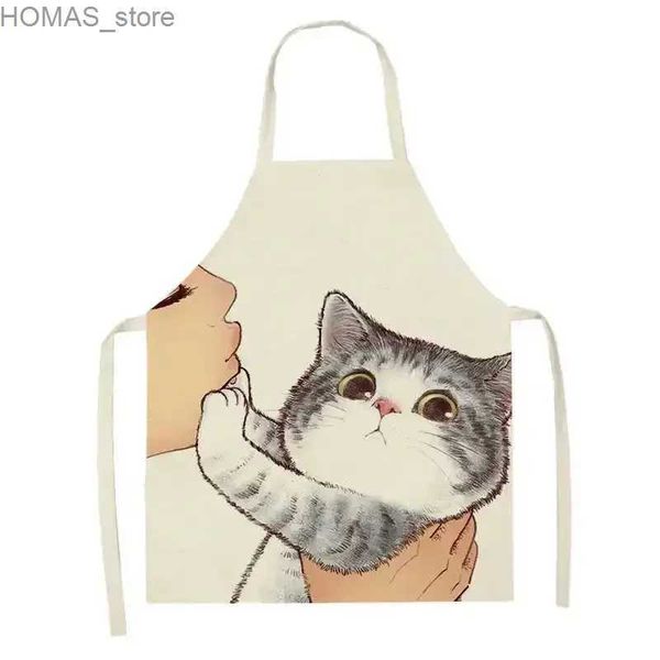 Aventais fofos de desenho animado gato padrão de avental com linho sem mangas do avental ferramentas de limpeza doméstica Acessórios de cozinha utensílios de cozinha y240401