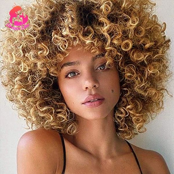 Perucas Dream Like Ombre Color Curto Encaracolado Perucas Sintéticas para Preto / Branco Mulheres Cosplay Festa Loira E Marrom Peruca Afro Com Bang