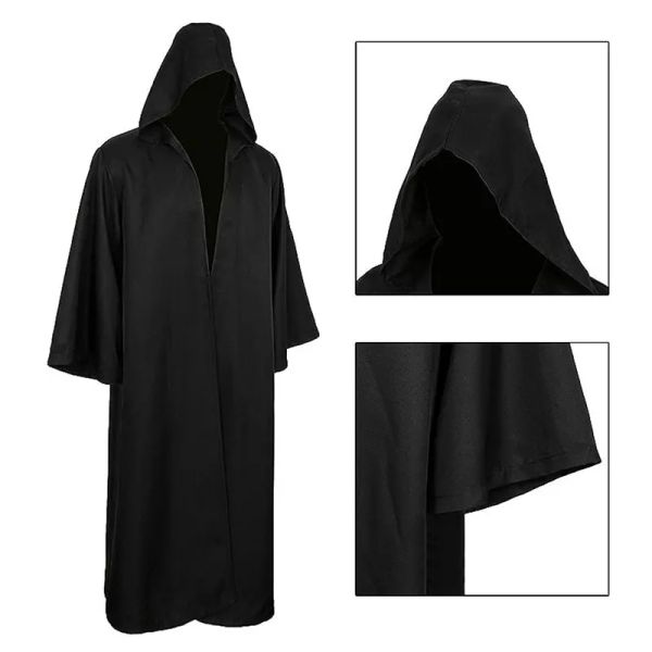 Feiticeiro de camisa longa com capuz de manto preto manto de halloween colar