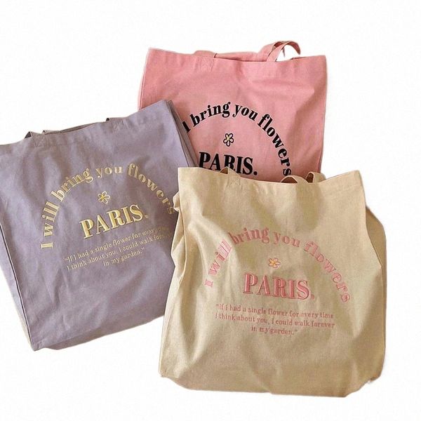 Bolsa de ombro feminina de lona Explore Paris 3D Bordado Diário Bolsas de livros para estudantes Bolsa de pano Cott Bolsas para meninas P69J #