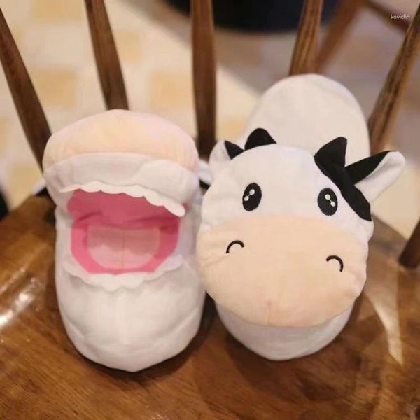 Hausschuhe Cartoon Nette Milch Kuh Offenen Mund Pantoffel Frauen Mädchen Kawaii Flauschigen Winter Warme Frau Haus Lustige Schuhe