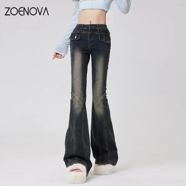 Jeans femininos Zoenova primavera algodão macio moda menina rua y2k calças largas outono retro elasticidade piso esfregando calças