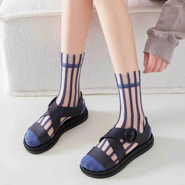 Mulheres meias bonito moda estilo japonês malha verão vidro transparente seda listrado feminino meias tubo médio