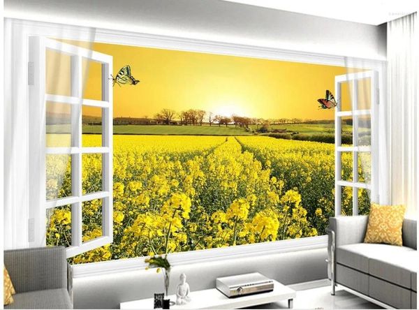 Sfondi Decorazione della casa Carta da parati per bagno 3D Fiore di canola Bianco Wilderness Finestra Viste Pittura murale Pos