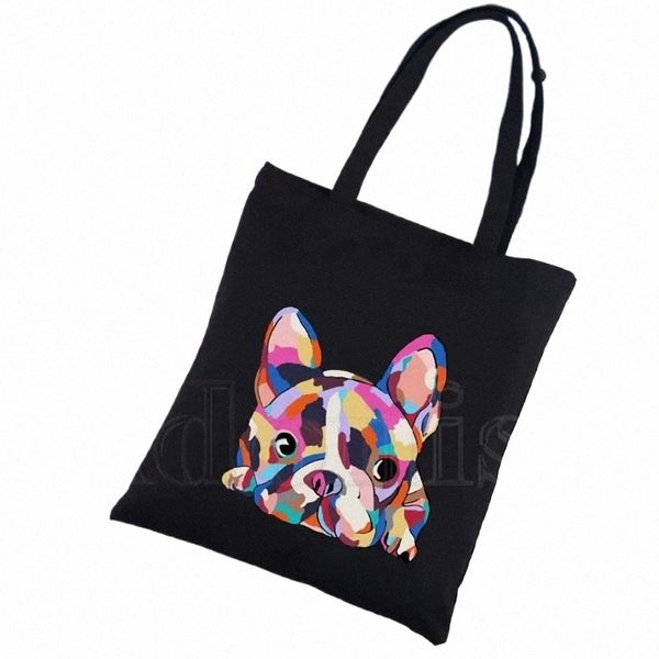 Fransız Bulldog Canvas Black Shop Tote Çanta Yeniden Kullanılabilir Omuz Bezi Kitap Çantası Hediye Çanta M4JK#