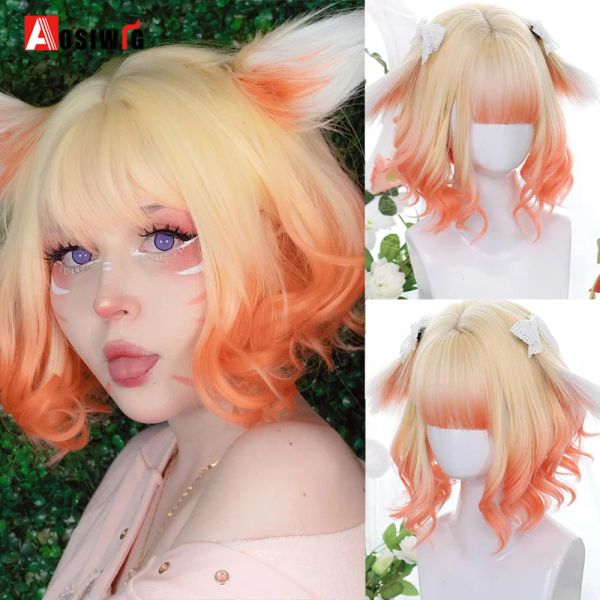 Wigs Aosiwig Sintetico Lolita parrucca corta Cosplay Anime Curly Natural Hair costume Bob Blonde Pink Parks con frangia per donne femmine