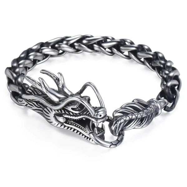 Pulseiras 9mm de largura animal dragão cabeça pulseira trança trigo corrente link 316l pulseira de aço inoxidável para homens menino moda punk jóias hb450