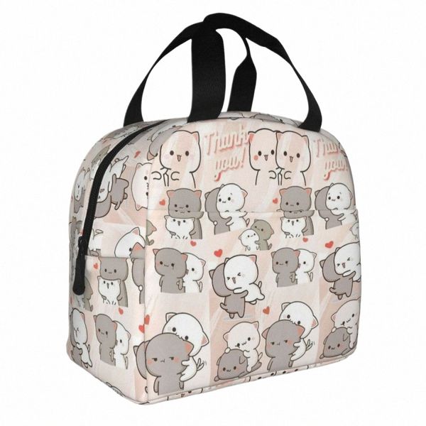 Kawaii Peach And Goma Collage Carto Borsa termica per il pranzo Grande Mocha Mochi Cat Pasto Ctainer Borsa termica Tote Lunch Box Picnic t9KR #