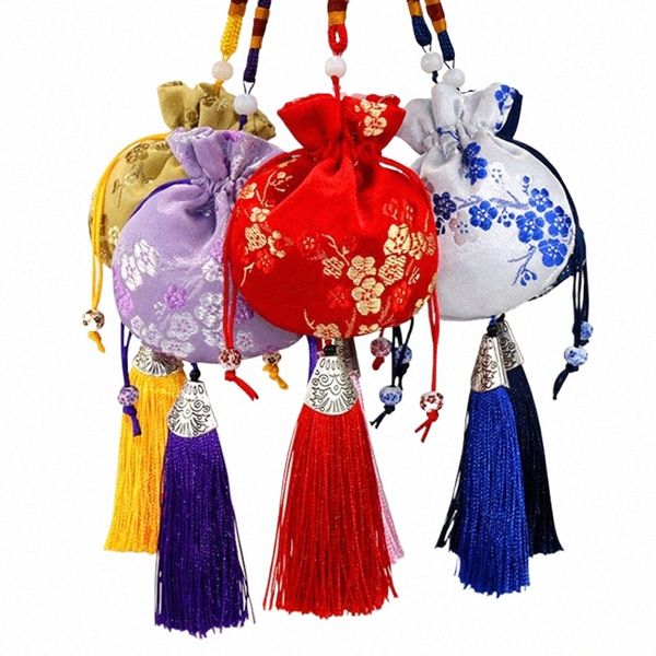 Estilo chinês saco de armazenamento de jóias artesanal vintage bordado saquinho sorte borla cordão presente saco brocado pendurado decoração u043 #