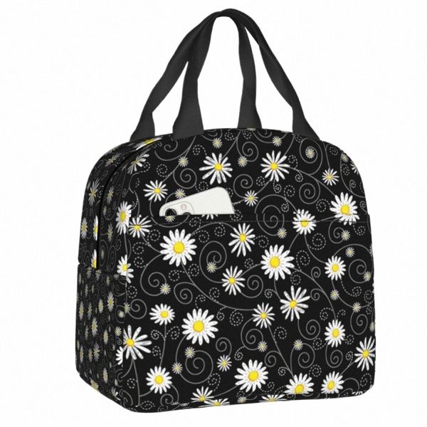 Black Daisy Fr Lunch Bag Margaridas Floral Resuable Cooler Lancheira Isolada Térmica para Mulheres Crianças Cam Picnic Food Bag 11v3 #