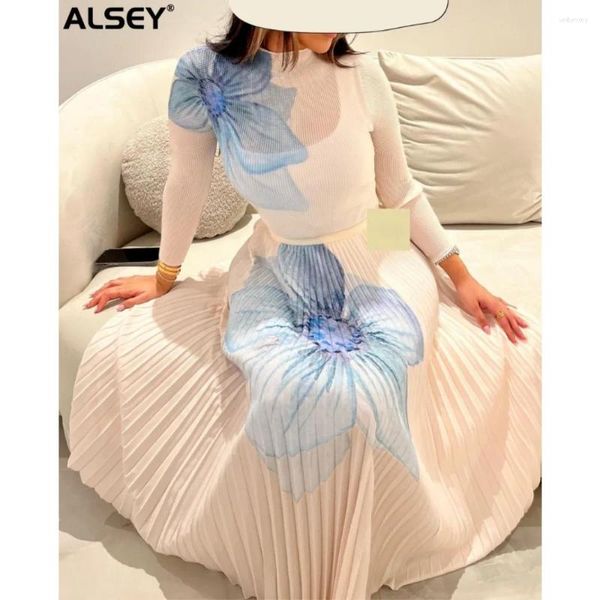 Arbeitskleider ALSEY Miyake Plissee Bedrucktes Zweiteiliges Set Sommer Hochgeschlossenes, elastisches, schmales T-Shirt Einfache Prom-Faltenrock-Sets