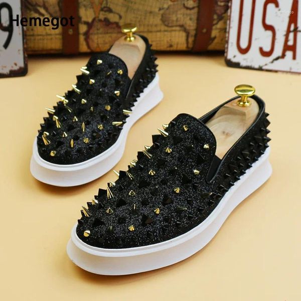 Sapatos casuais punk redondo dedo do pé strass lantejoulas mocassins para homens rebite skate na moda plana deslizamento em homens