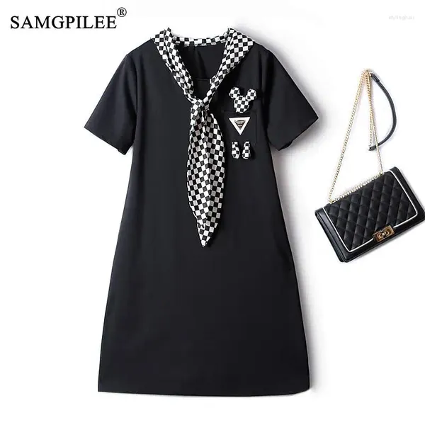Платья для вечеринок летняя женщина 2024 Контрастные цвета черно -белая маленькая клетчатая платка с капюшоном свободное корейское модное платье 4xl