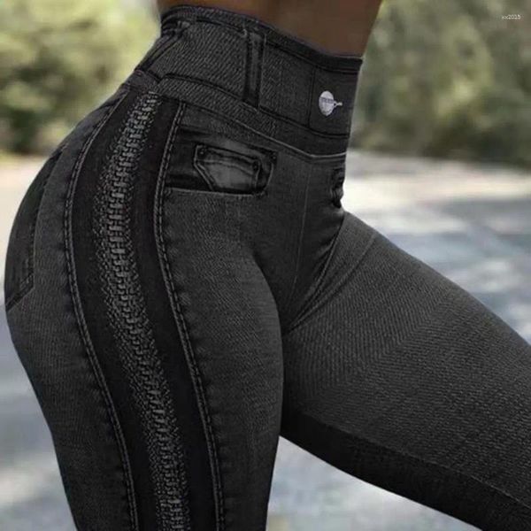 Calças femininas mulheres bodycon calças imitação jeans bolsos leggings hip levantamento zíper impressão cintura alta elástica senhora para esportes