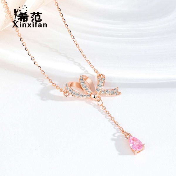 Chinesische Marken-Halskette mit Schleife aus reinem Silber mit Quasten, Wassertropfen, rosa Diamanten, Instagram für Frauen, Sommer-Nische, leichter Luxus, hochwertige Schlüsselbeinkette