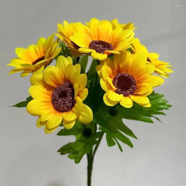 Flores decorativas amarelo outono decoração flor 7 cabeças girassol seda artificial casa