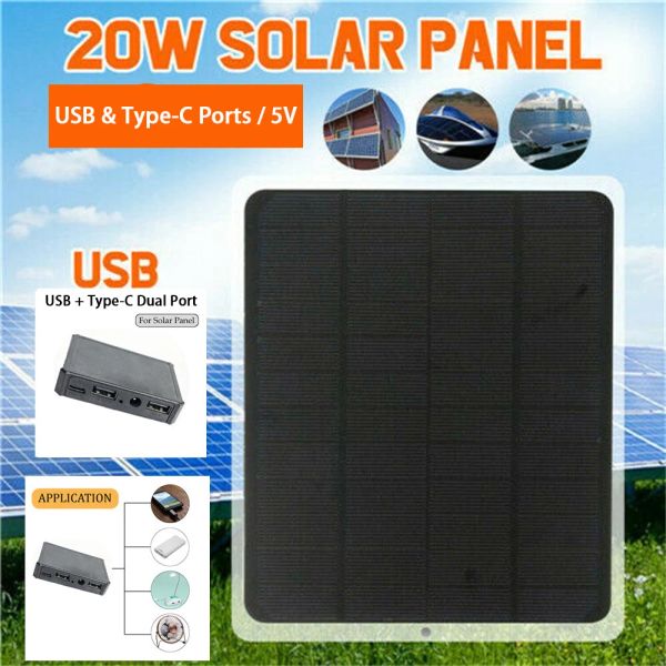 Солнечная панель Survival 20 Вт, 5 В постоянного тока, монокристаллическое солнечное зарядное устройство, выход USB TypeC, порты для кемпинга, пешего туризма, путешествий, инструменты для выживания