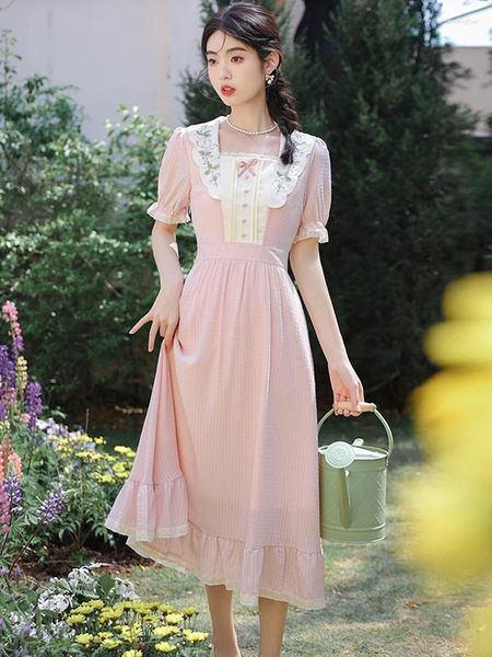 Abiti da festa Estate Cottagecore Abito scozzese rosa Donna Retro Ricamo vintage Fiocco floreale Principessa Mori Ragazza Vestido Festa Robe Rose